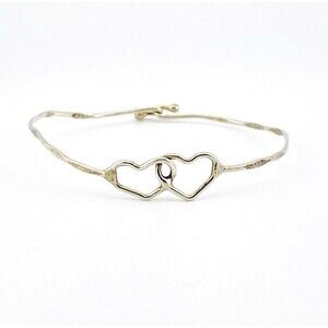 Artisan Double Heart Sterling Silver Cuff Bracelet Hand Wrought 6.5 In